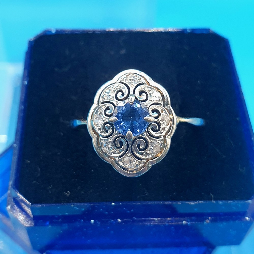 French Edwardian Cornflower Blue Sapphire & Diamond on Platinum & 18ct Gold Ring - size M