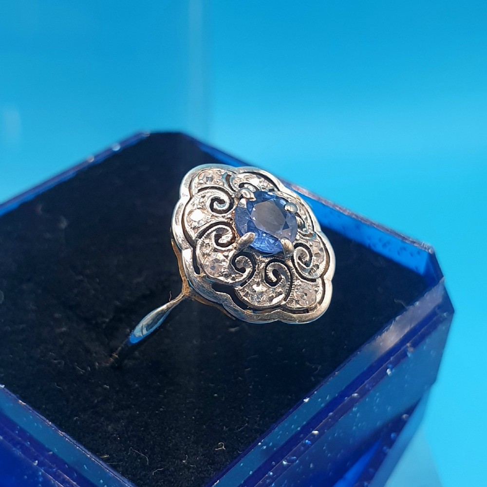 French Edwardian Cornflower Blue Sapphire & Diamond on Platinum & 18ct Gold Ring - size M View II