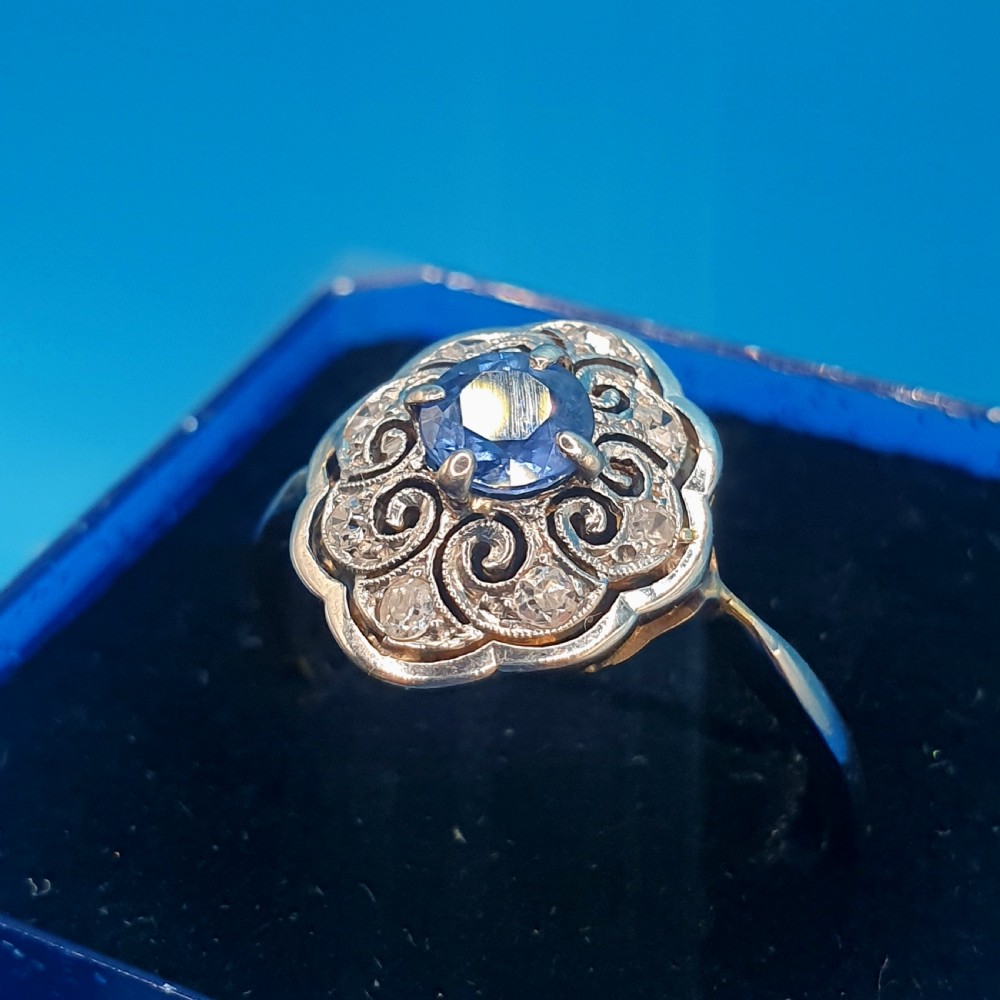 French Edwardian Cornflower Blue Sapphire & Diamond on Platinum & 18ct Gold Ring - size M View III