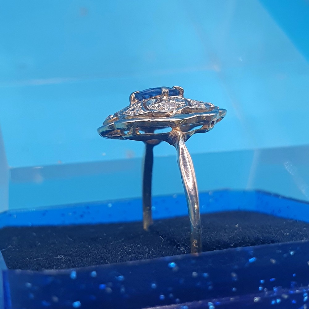 French Edwardian Cornflower Blue Sapphire & Diamond on Platinum & 18ct Gold Ring - size M View IV