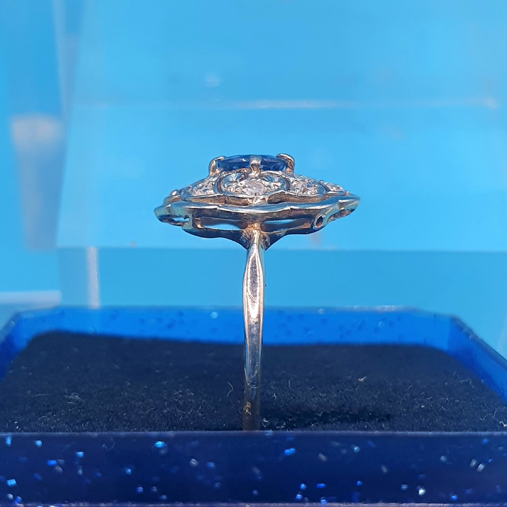 French Edwardian Cornflower Blue Sapphire & Diamond on Platinum & 18ct Gold Ring - size M View V