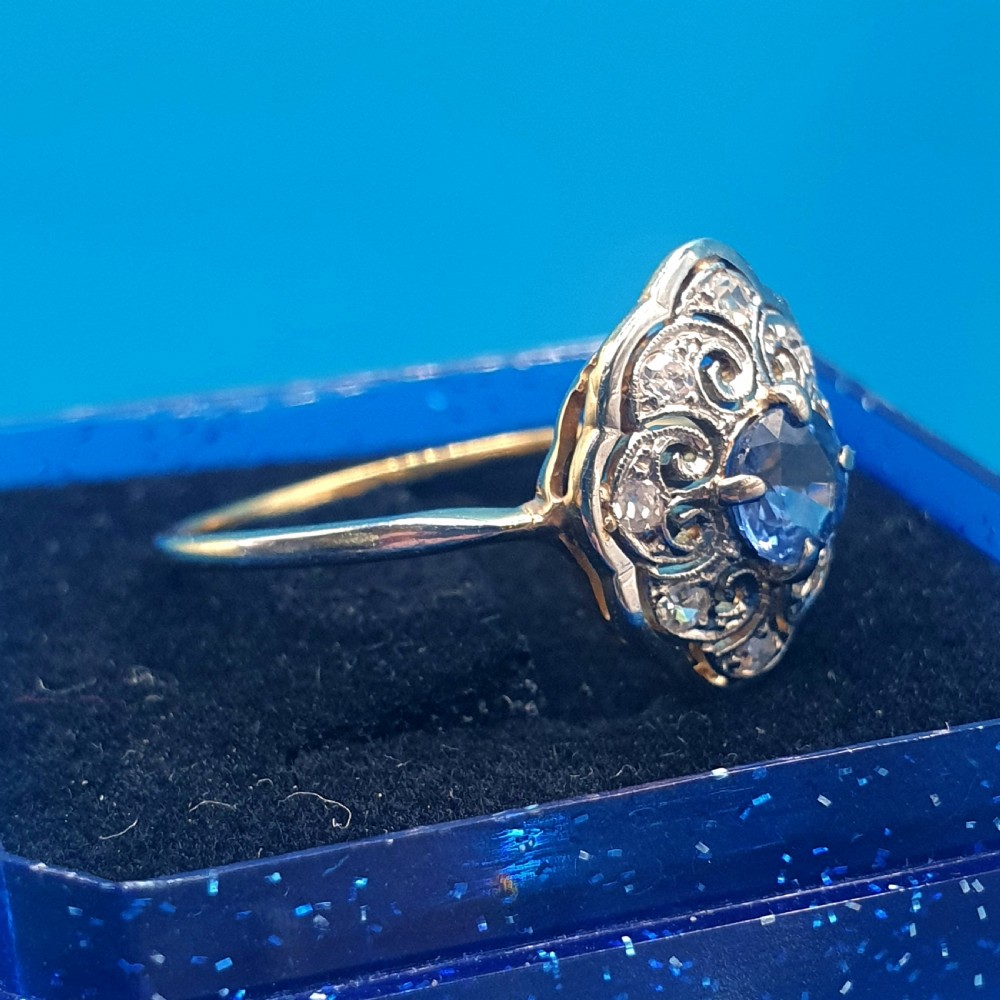 French Edwardian Cornflower Blue Sapphire & Diamond on Platinum & 18ct Gold Ring - size M View VI