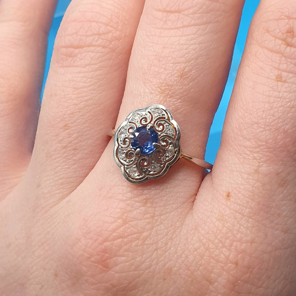 French Edwardian Cornflower Blue Sapphire & Diamond on Platinum & 18ct Gold Ring - size M View VII