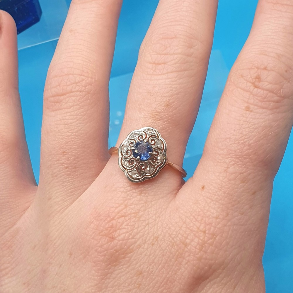 French Edwardian Cornflower Blue Sapphire & Diamond on Platinum & 18ct Gold Ring - size M View VIII