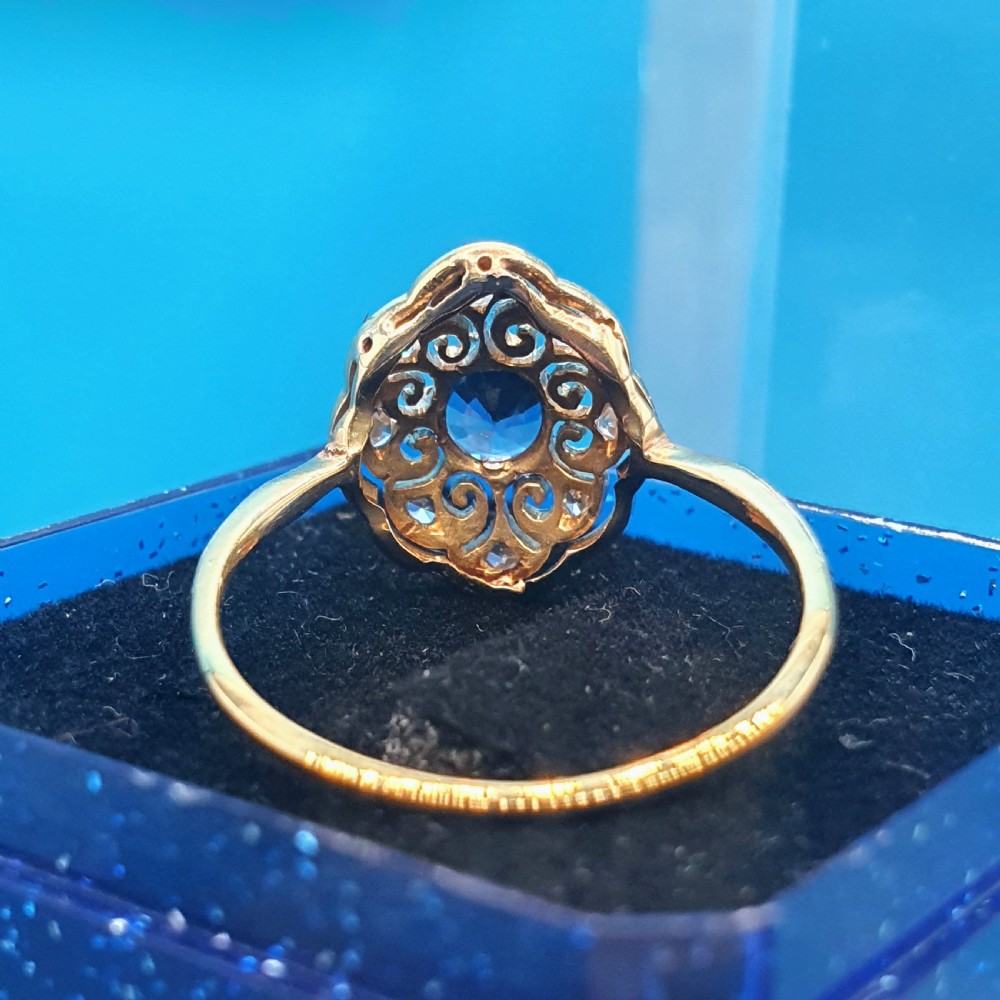 French Edwardian Cornflower Blue Sapphire & Diamond on Platinum & 18ct Gold Ring - size M View IX