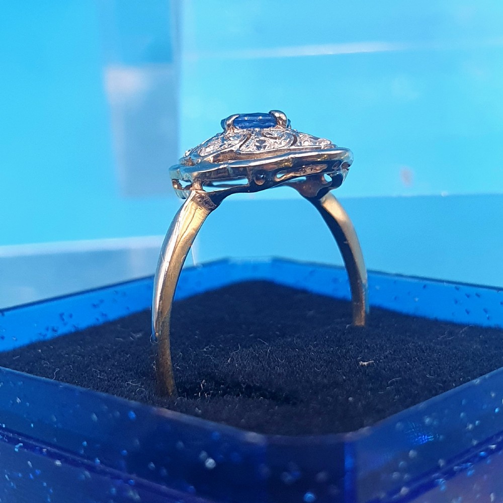 French Edwardian Cornflower Blue Sapphire & Diamond on Platinum & 18ct Gold Ring - size M View X