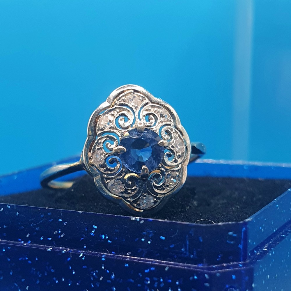 French Edwardian Cornflower Blue Sapphire & Diamond on Platinum & 18ct Gold Ring - size M View XI