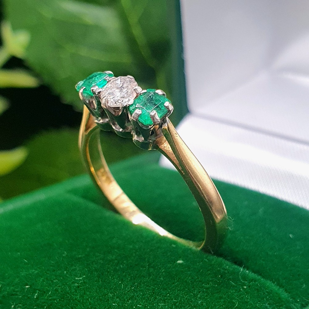 Emerald & Diamond Trilogy Ring on 18ct Gold - size N View II