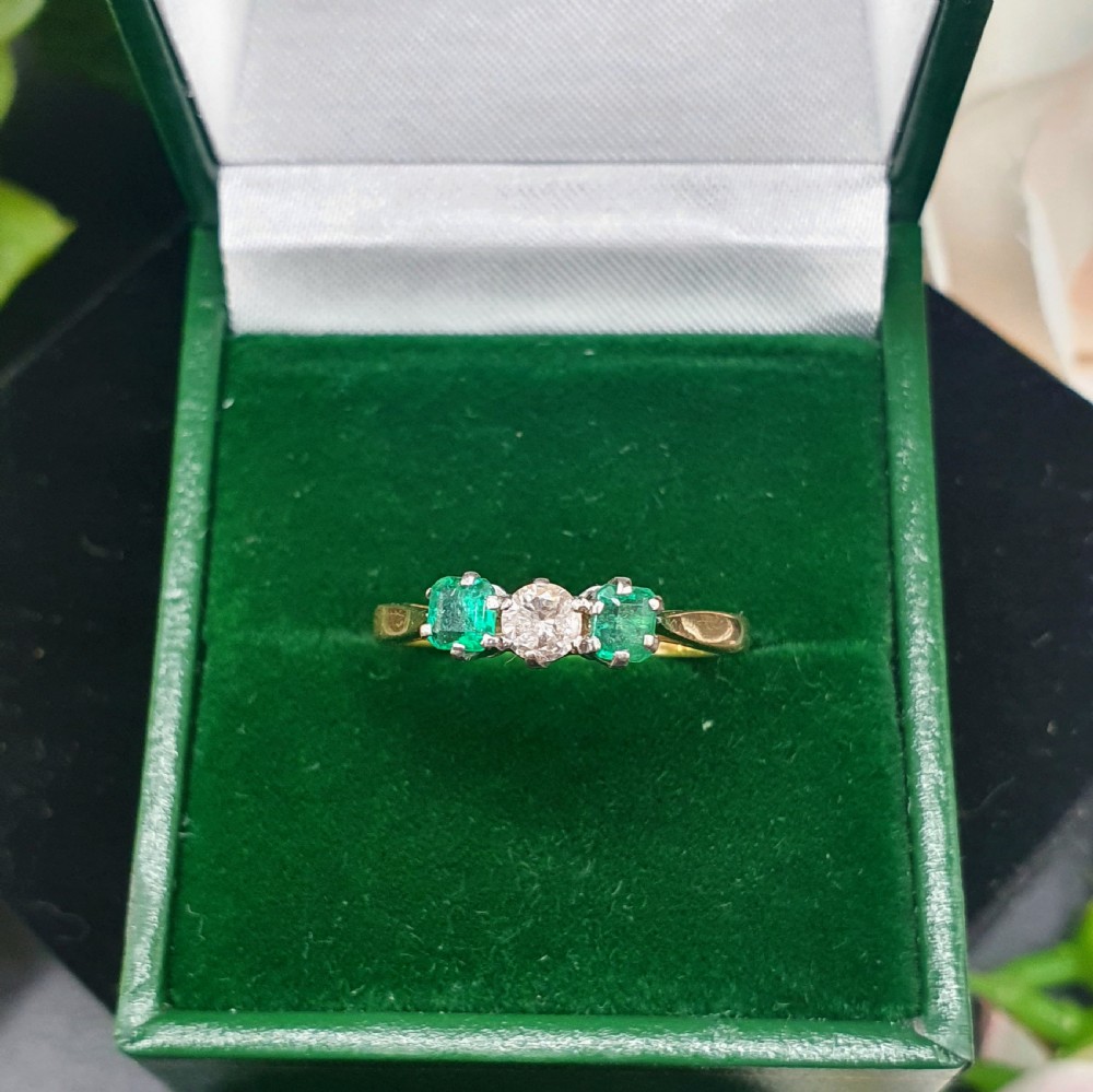 Emerald & Diamond Trilogy Ring on 18ct Gold - size N View VI