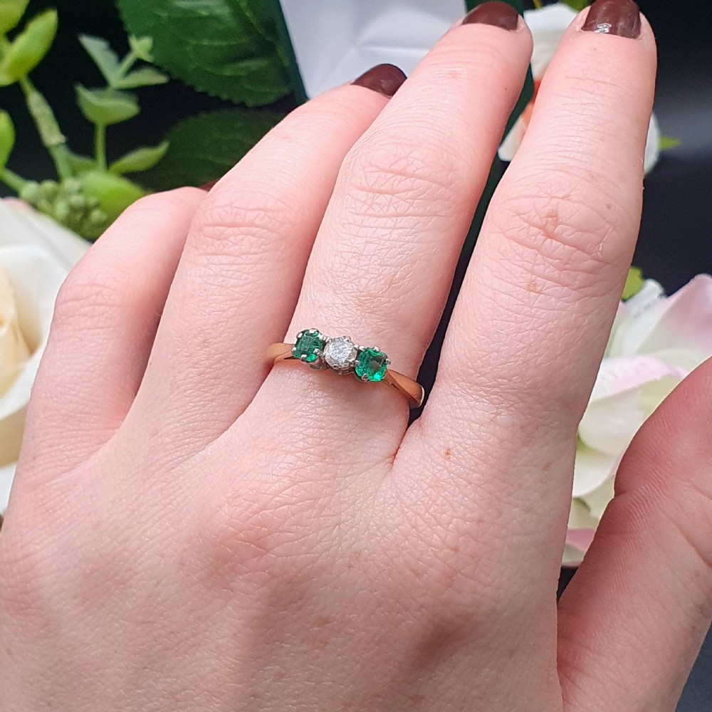 Emerald & Diamond Trilogy Ring on 18ct Gold - size N View VII