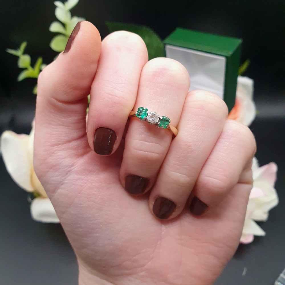 Emerald & Diamond Trilogy Ring on 18ct Gold - size N View VIII