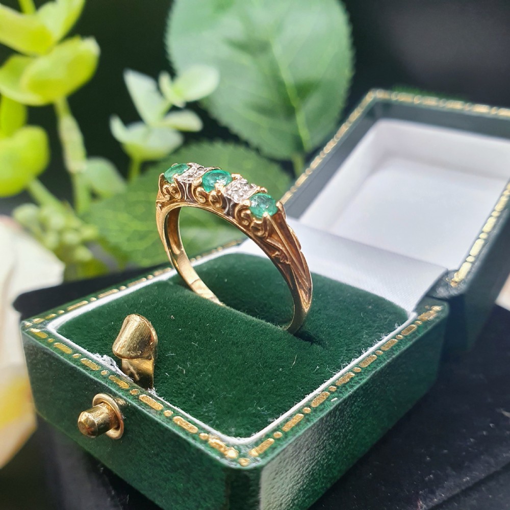 Emerald & Diamond Trilogy Ring on 9ct Gold - size P View IV