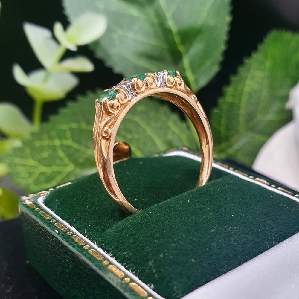 Emerald & Diamond Trilogy Ring on 9ct Gold - size P View V