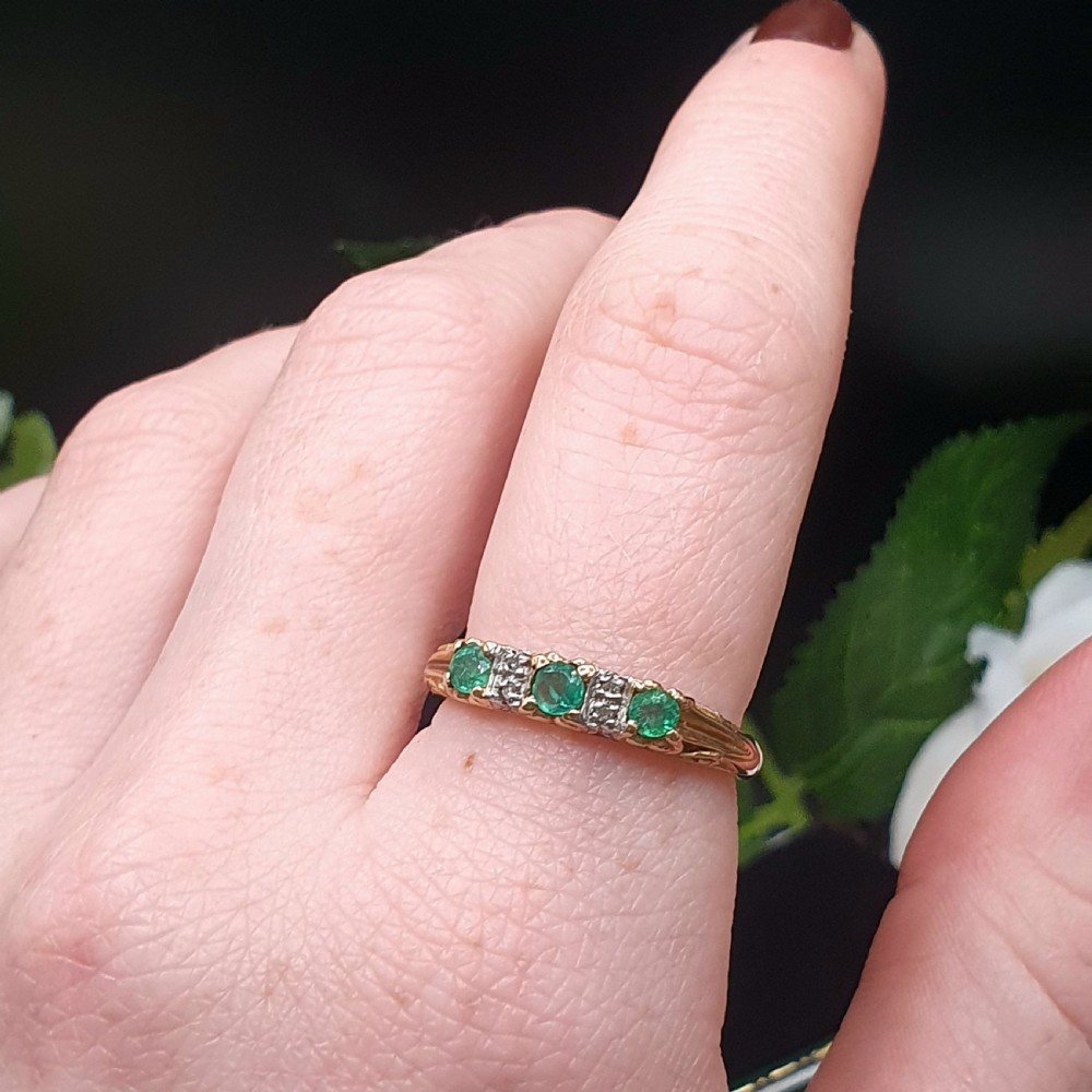 Emerald & Diamond Trilogy Ring on 9ct Gold - size P View IX