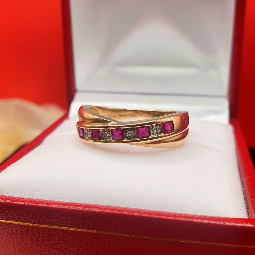 Ruby & Diamond 9ct Gold Half Eternity Crossover Ring - size P