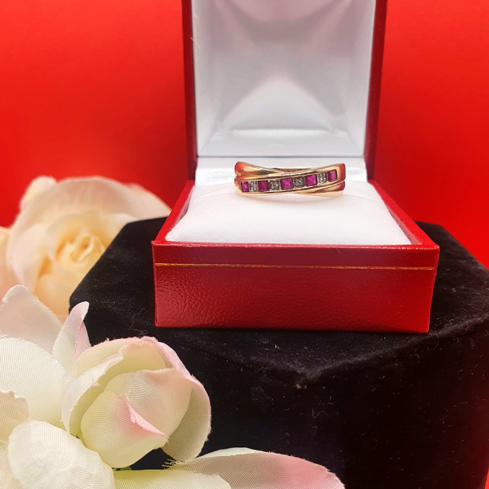 Ruby & Diamond 9ct Gold Half Eternity Crossover Ring - size P View II