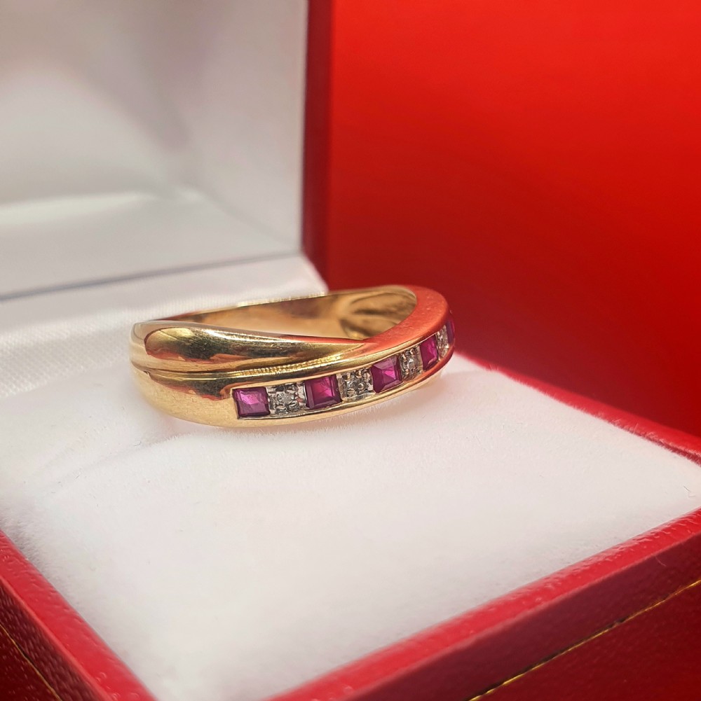 Ruby & Diamond 9ct Gold Half Eternity Crossover Ring - size P View IV