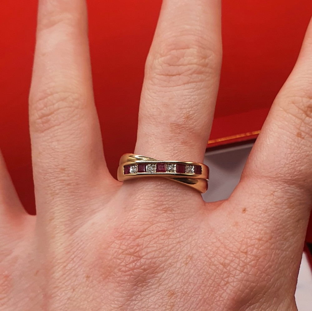 Ruby & Diamond 9ct Gold Half Eternity Crossover Ring - size P View VIII