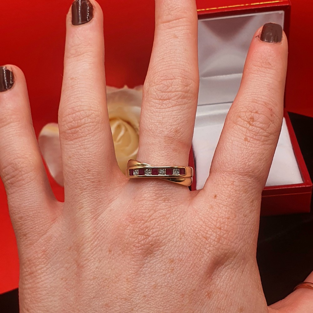 Ruby & Diamond 9ct Gold Half Eternity Crossover Ring - size P View IX