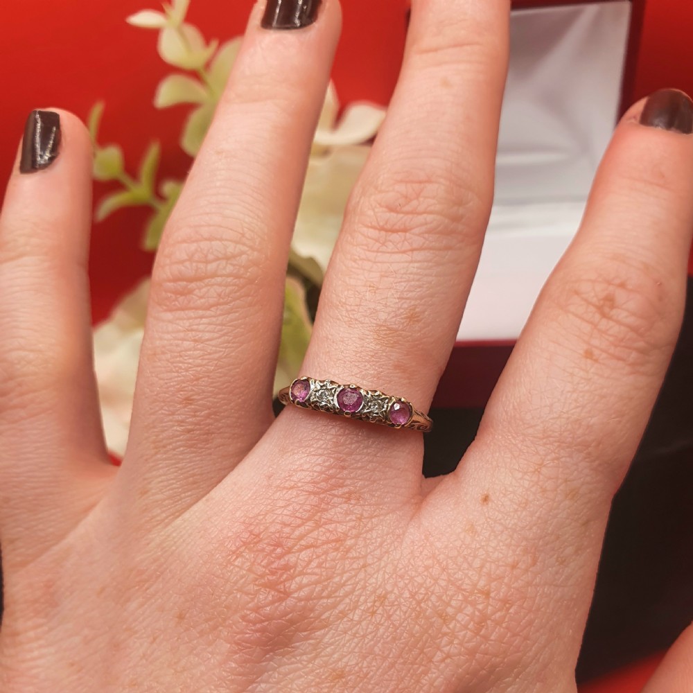 Ruby & Diamond 9ct Gold Half Eternity Ring - size M View VIII