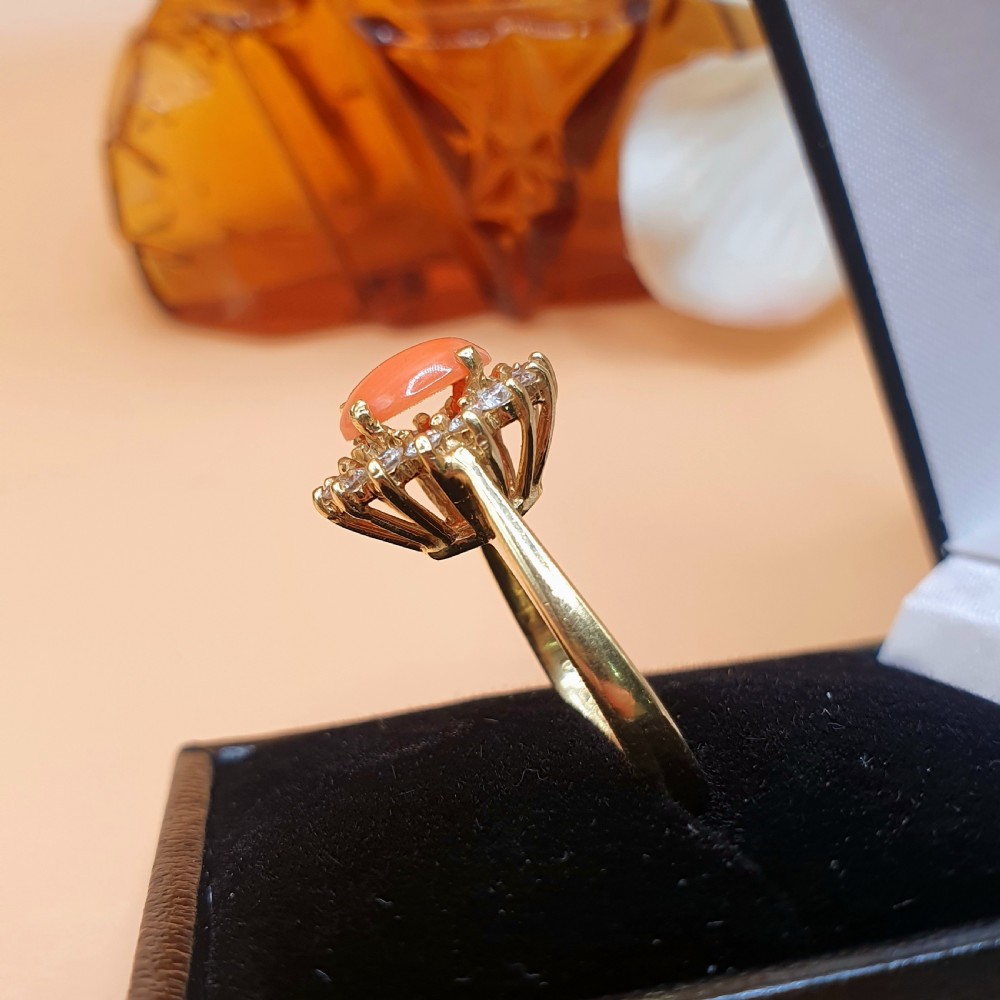 Coral & Diamond Halo on 18ct Gold Earring and Ring Set - Size K1/2 View III