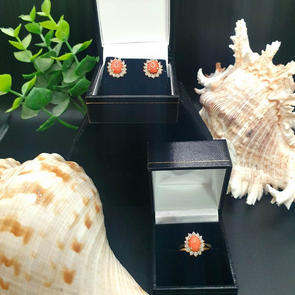 Coral & Diamond Halo on 18ct Gold Earring and Ring Set - Size K1/2