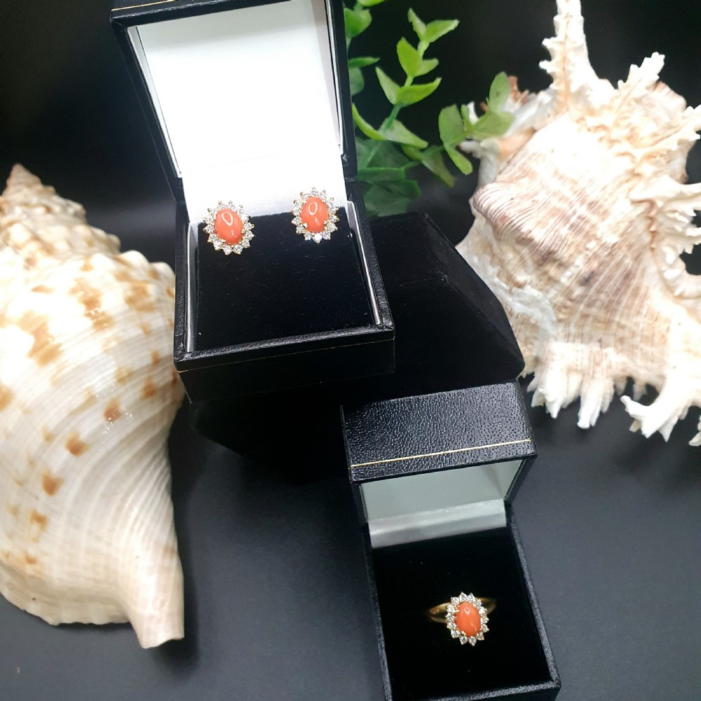 Coral & Diamond Halo on 18ct Gold Earring and Ring Set - Size K1/2 View XI