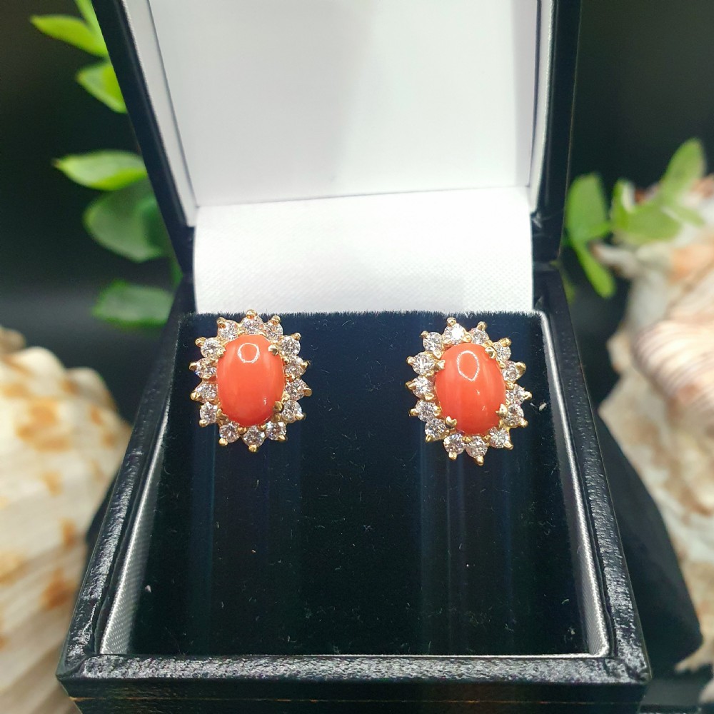Coral & Diamond Halo on 18ct Gold Earring and Ring Set - Size K1/2 View XIV