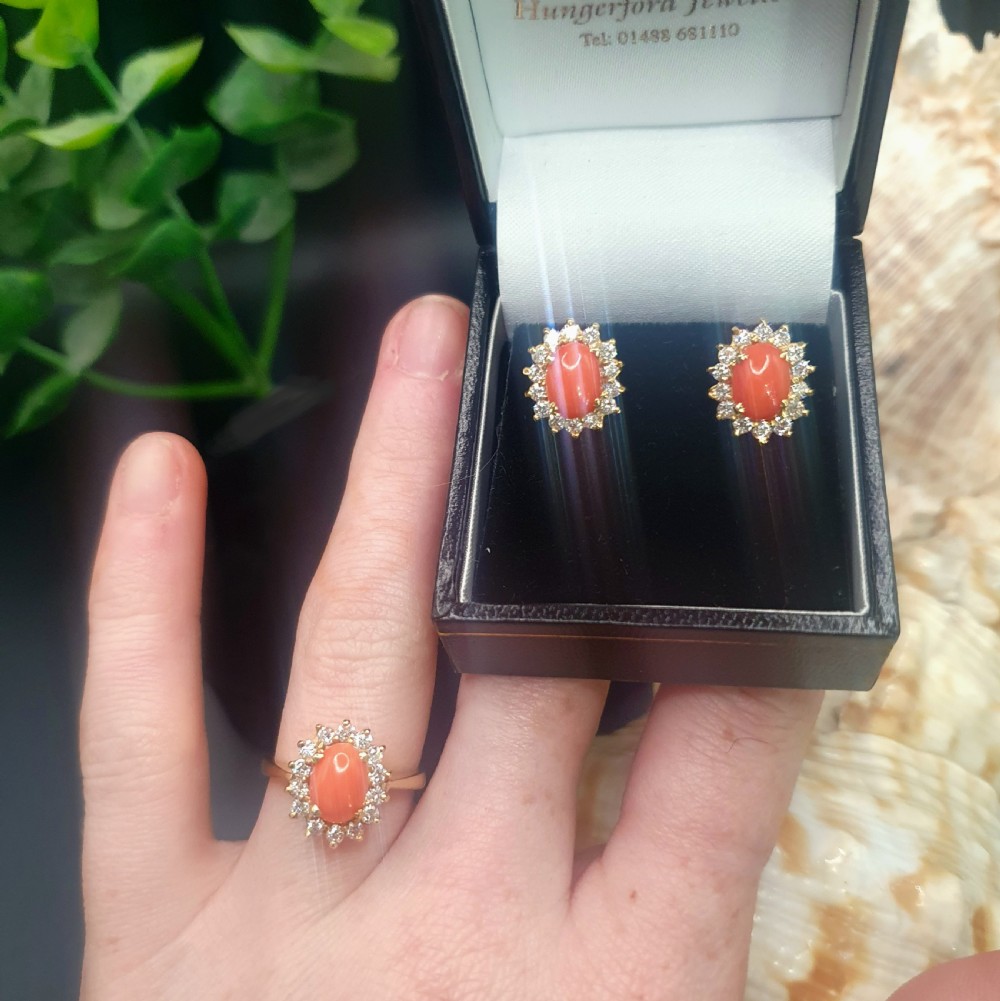 Coral & Diamond Halo on 18ct Gold Earring and Ring Set - Size K1/2 View XVI