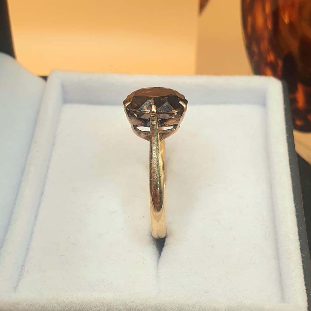 Rare Smoky Topaz Solitaire on 9ct Gold Band Ring c1950s - Size O View V