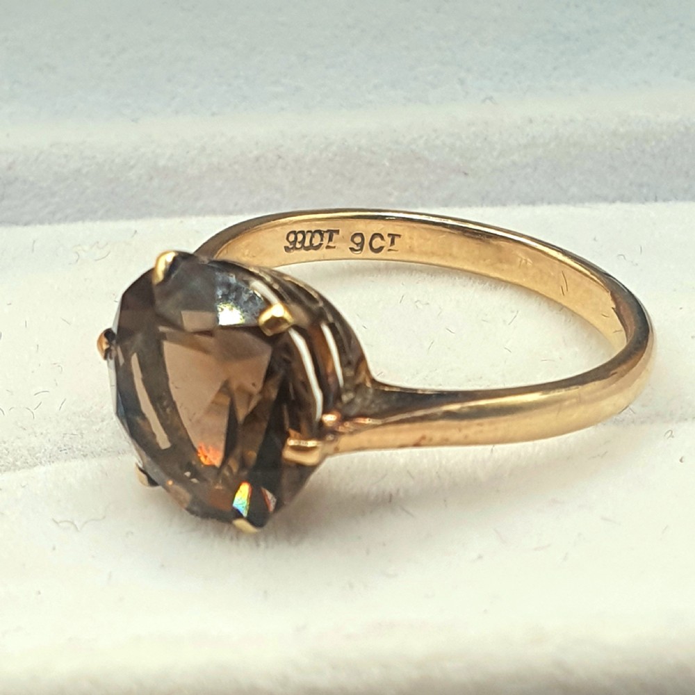 Rare Smoky Topaz Solitaire on 9ct Gold Band Ring c1950s - Size O View VI