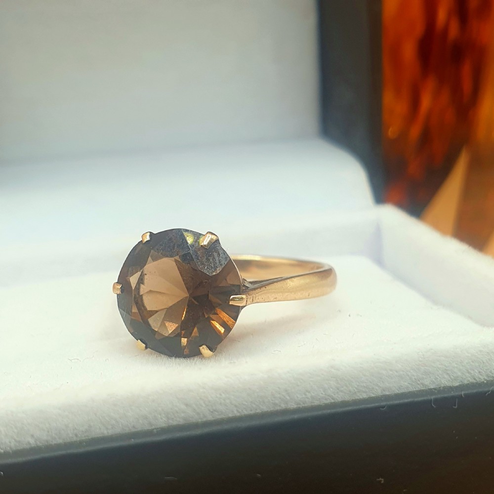 Rare Smoky Topaz Solitaire on 9ct Gold Band Ring c1950s - Size O View VIII