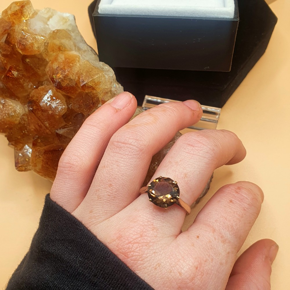 Rare Smoky Topaz Solitaire on 9ct Gold Band Ring c1950s - Size O View IX