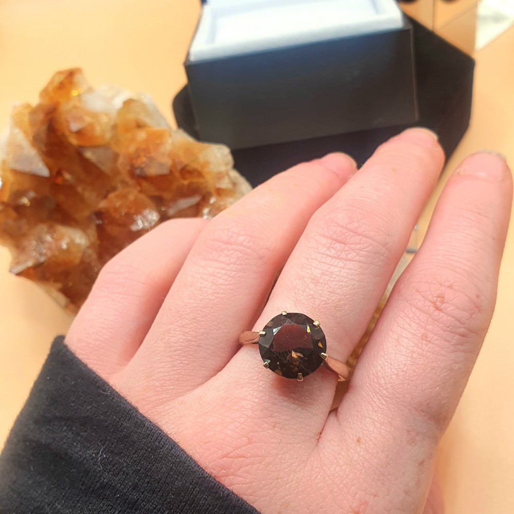 Rare Smoky Topaz Solitaire on 9ct Gold Band Ring c1950s - Size O View X