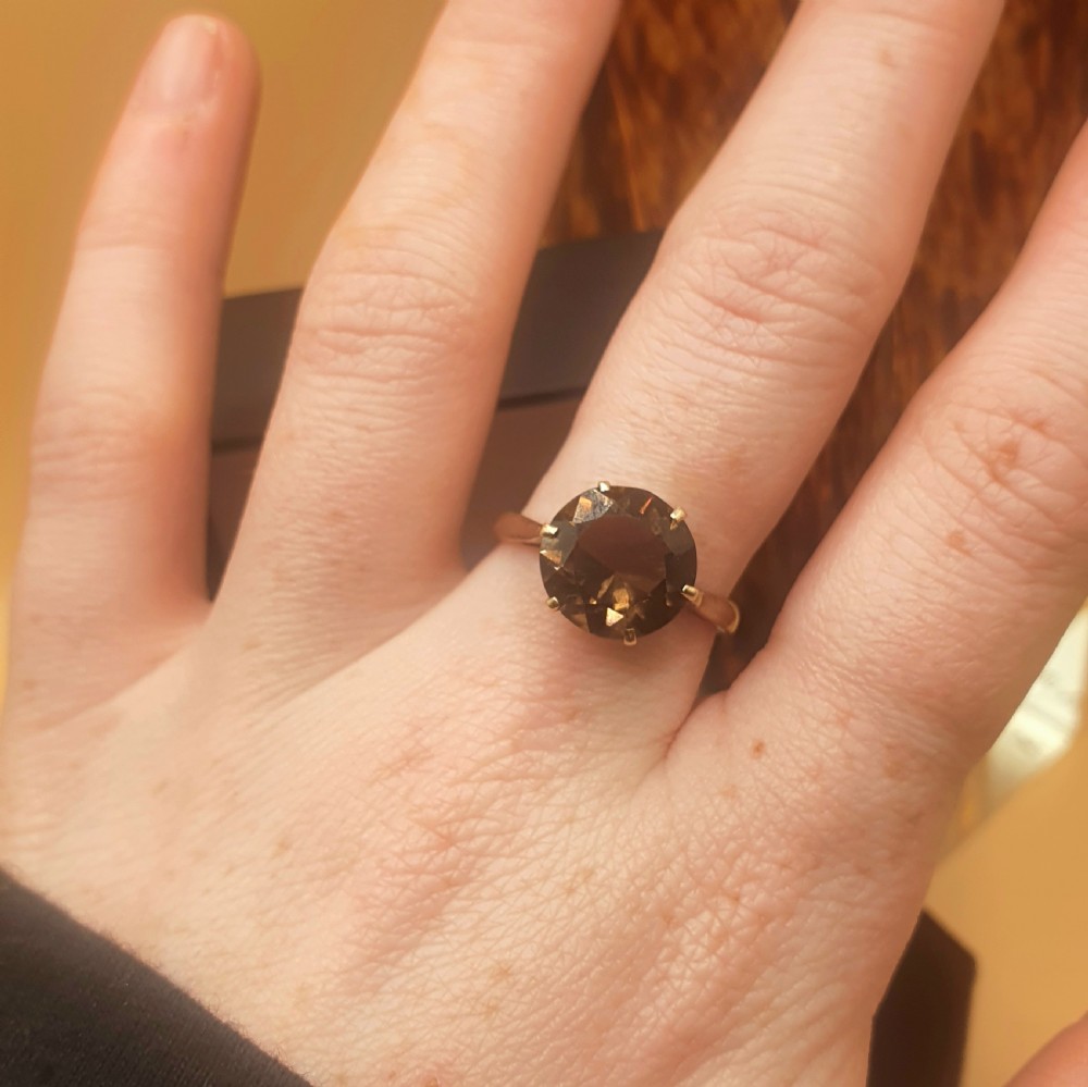 Rare Smoky Topaz Solitaire on 9ct Gold Band Ring c1950s - Size O View XI