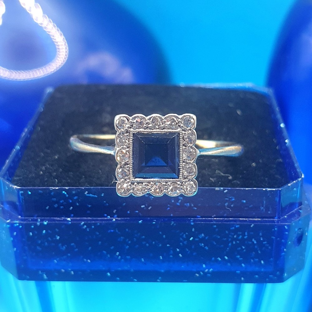 Art Deco Diamond & Sapphire Cluster Ring on 18ct Gold c1920s - size U