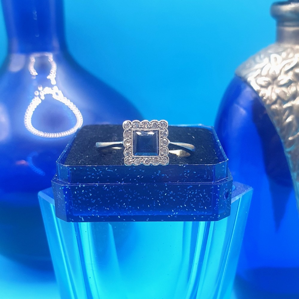 Art Deco Diamond & Sapphire Cluster Ring on 18ct Gold c1920s - size U View III