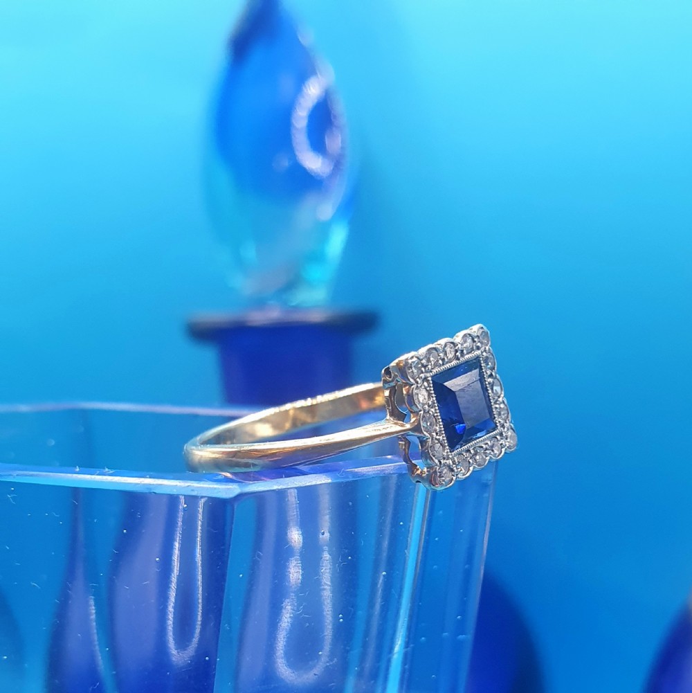 Art Deco Diamond & Sapphire Cluster Ring on 18ct Gold c1920s - size U View XII