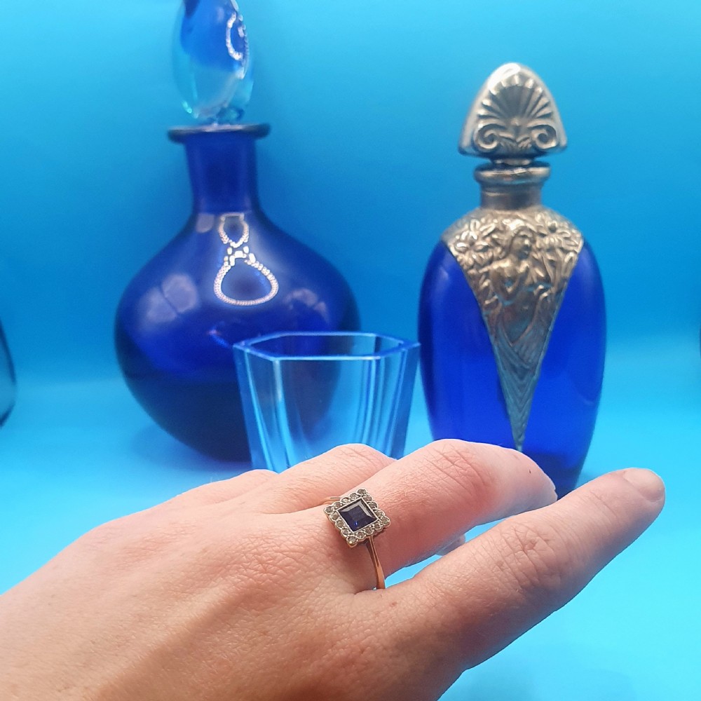 Art Deco Diamond & Sapphire Cluster Ring on 18ct Gold c1920s - size U View XIII