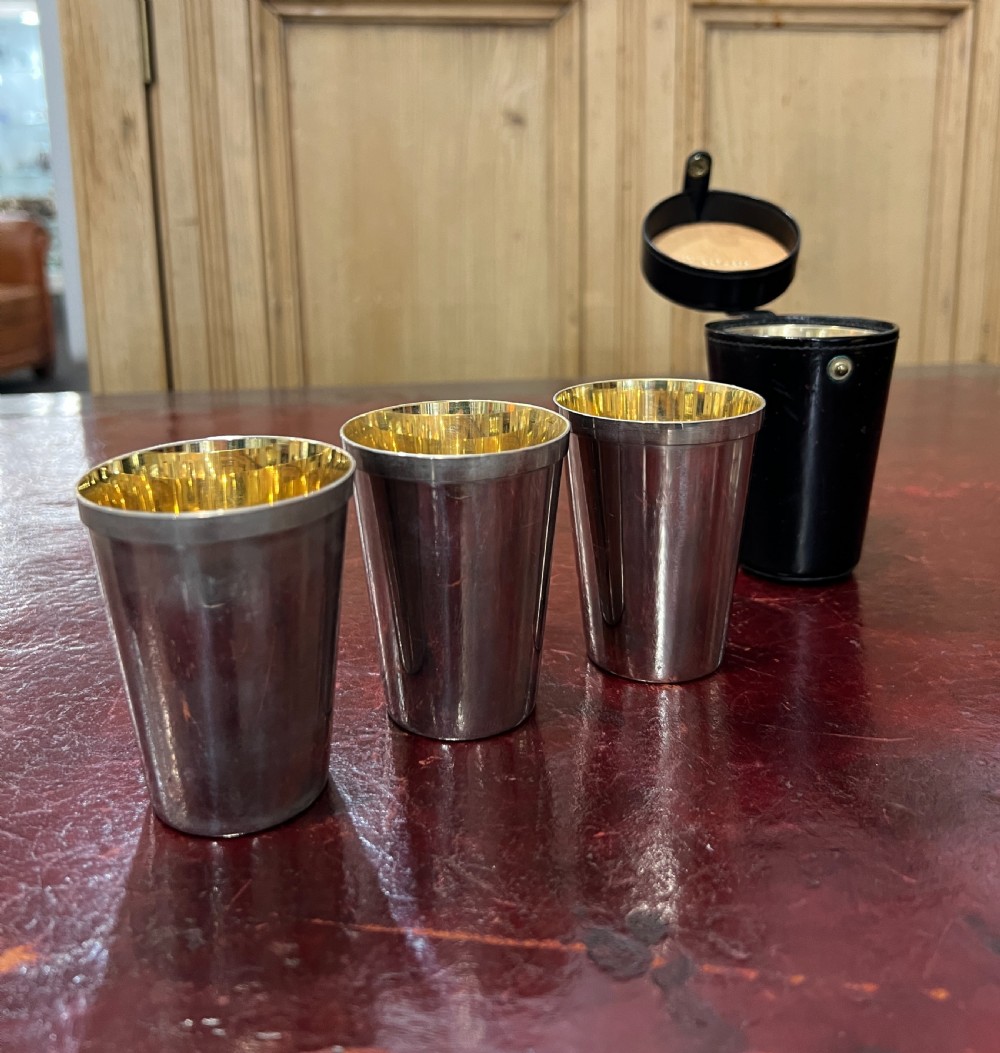 Williams Stirrup Cups with Gold Gilt Inner & Leather Case c.1930s