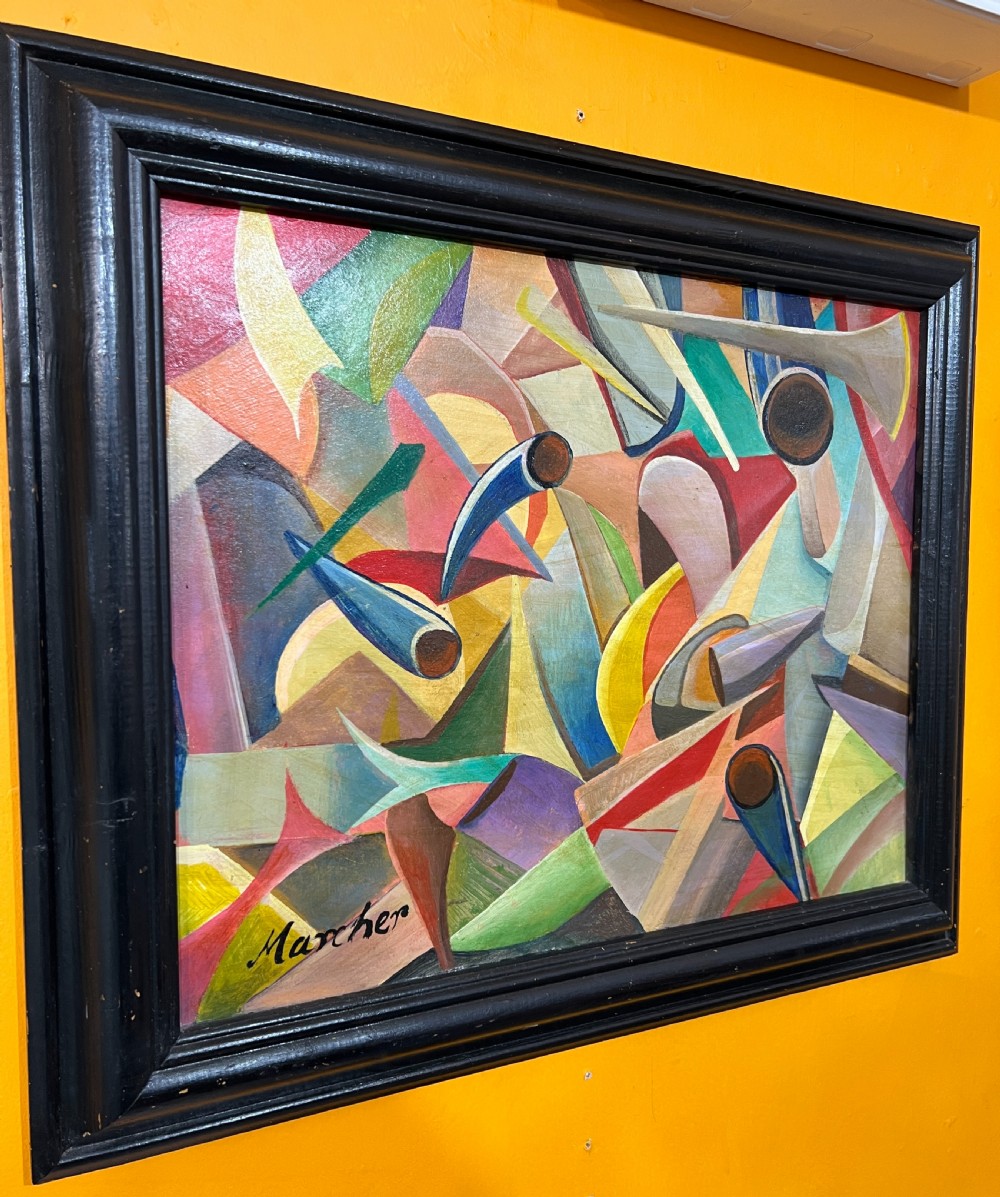 French Cubist Oil on Board Signed Marcher c.1950 View VI