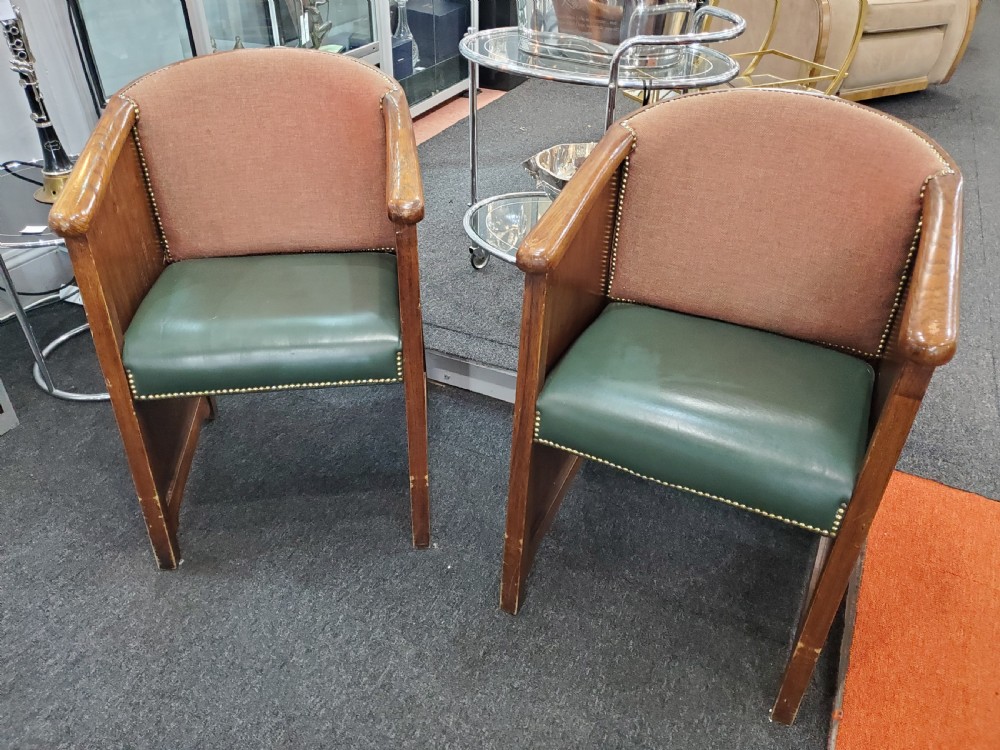 Pair Art Deco Oak/ Leather Cinema Seats c1920s