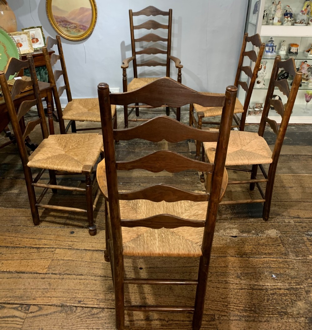 Early Victorian x6 Ladder Back Elm Dining Chairs c1840