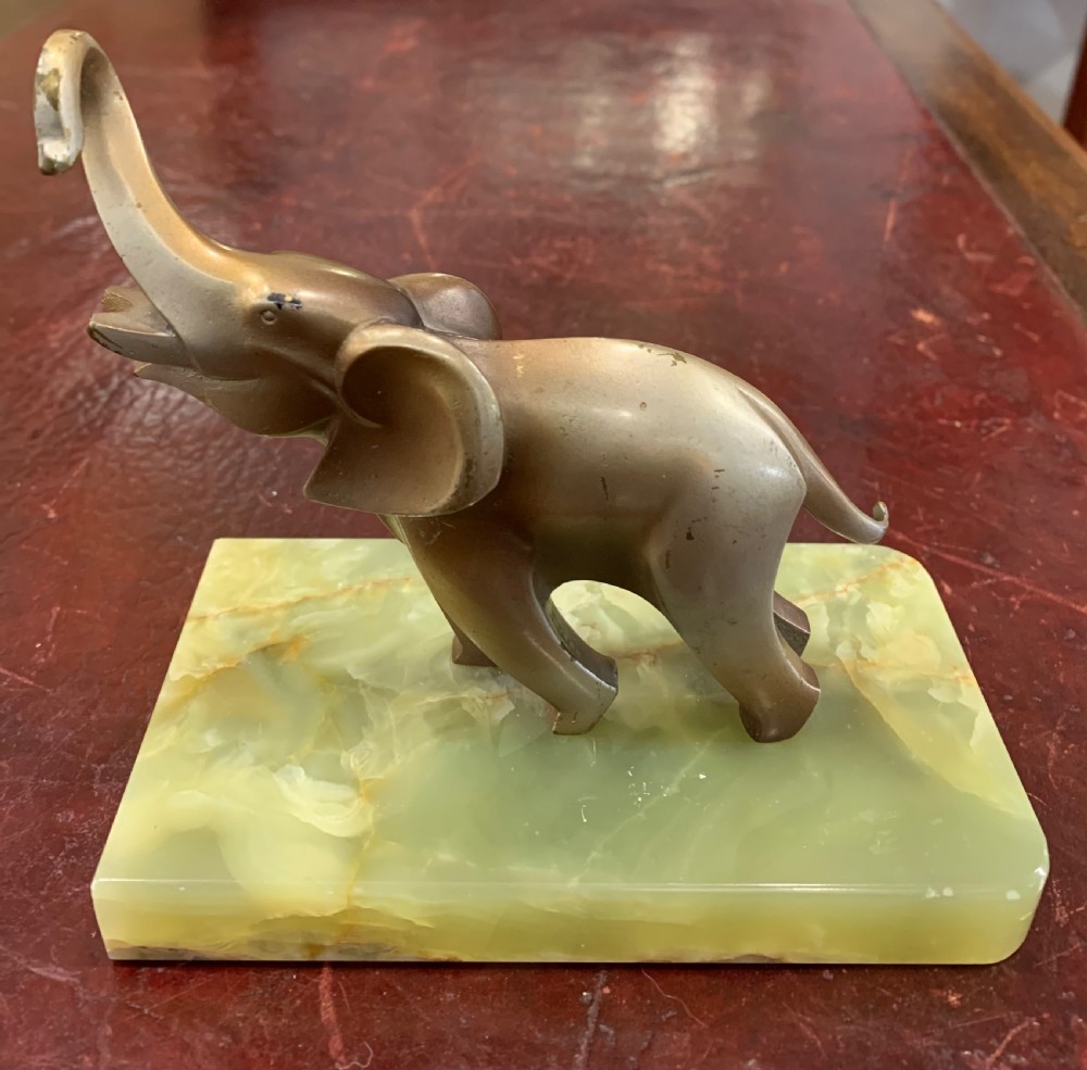 Art Deco Austrian Lost Wax Bronze Cubist Elephant Brazilian Onyx Base c1920 View IX