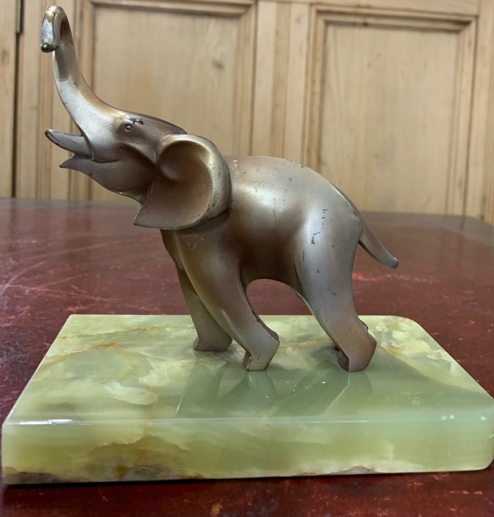 Art Deco Austrian Lost Wax Bronze Cubist Elephant Brazilian Onyx Base c1920