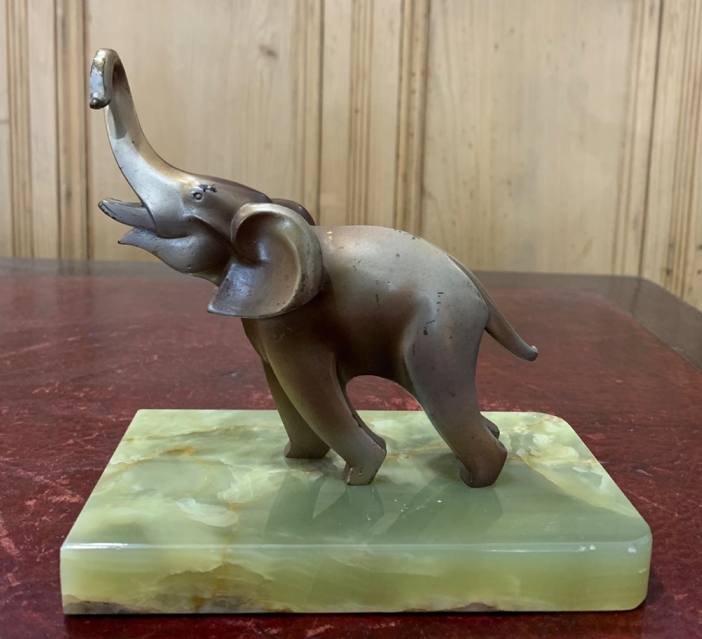 Art Deco Austrian Lost Wax Bronze Cubist Elephant Brazilian Onyx Base c1920 View II
