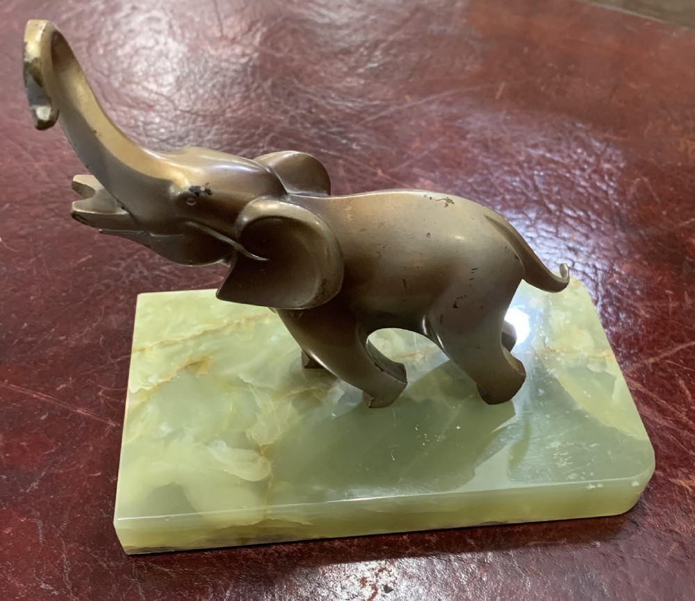 Art Deco Austrian Lost Wax Bronze Cubist Elephant Brazilian Onyx Base c1920 View III