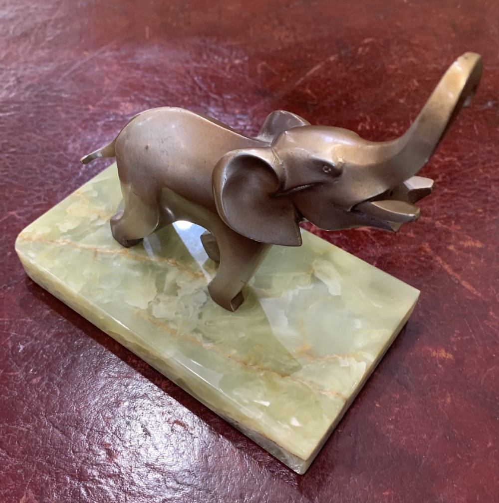 Art Deco Austrian Lost Wax Bronze Cubist Elephant Brazilian Onyx Base c1920 View IV