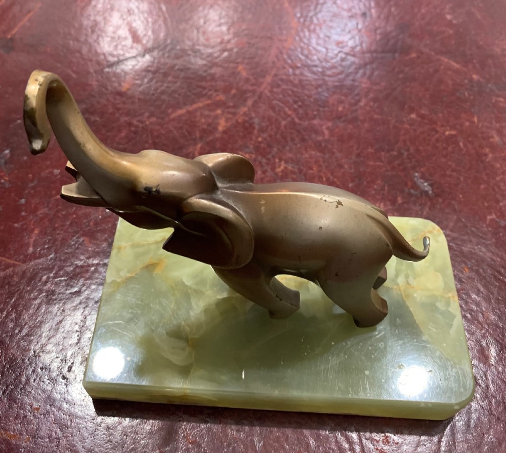 Art Deco Austrian Lost Wax Bronze Cubist Elephant Brazilian Onyx Base c1920 View VI