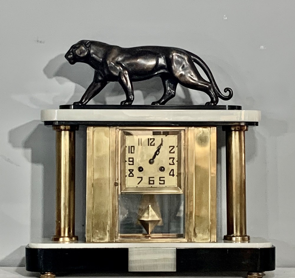 French Art Deco Panther Marble Mantle Clock c1920s